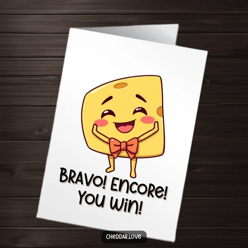 Funny Free Printable Congrats Card: Grinning wedge of cheddar cheese taking a dramatic theatrical bow, celebrating.