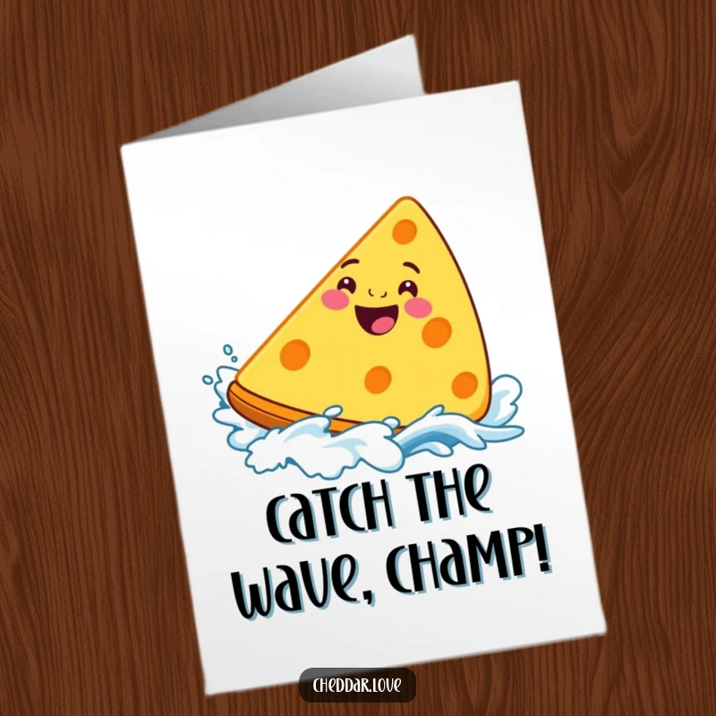 Free Printable Congratulations Card: Grinning cheddar cheese wedge joyfully surfing a cheesy wave, symbolizing triumph and fun.