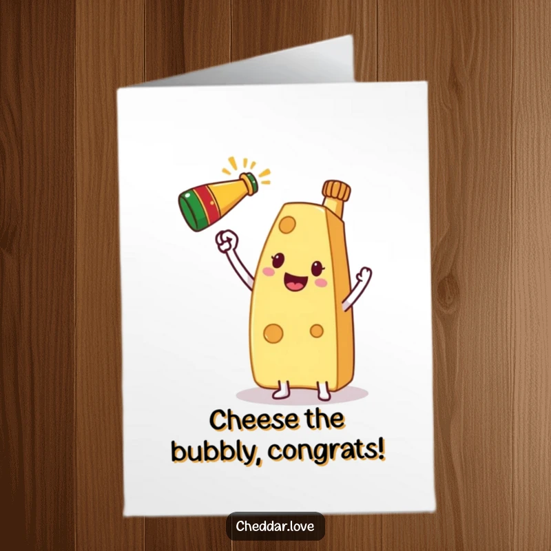 Funny free printable congratulations card with a cheese slice character toasting with a miniature champagne bottle.