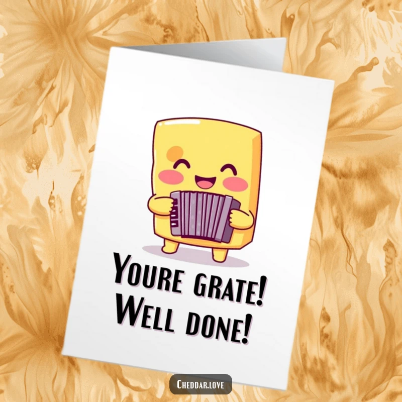 Funny Free Printable Cheese Congratulations Card: Smiling cheddar cheese playing an accordion, celebrating success.