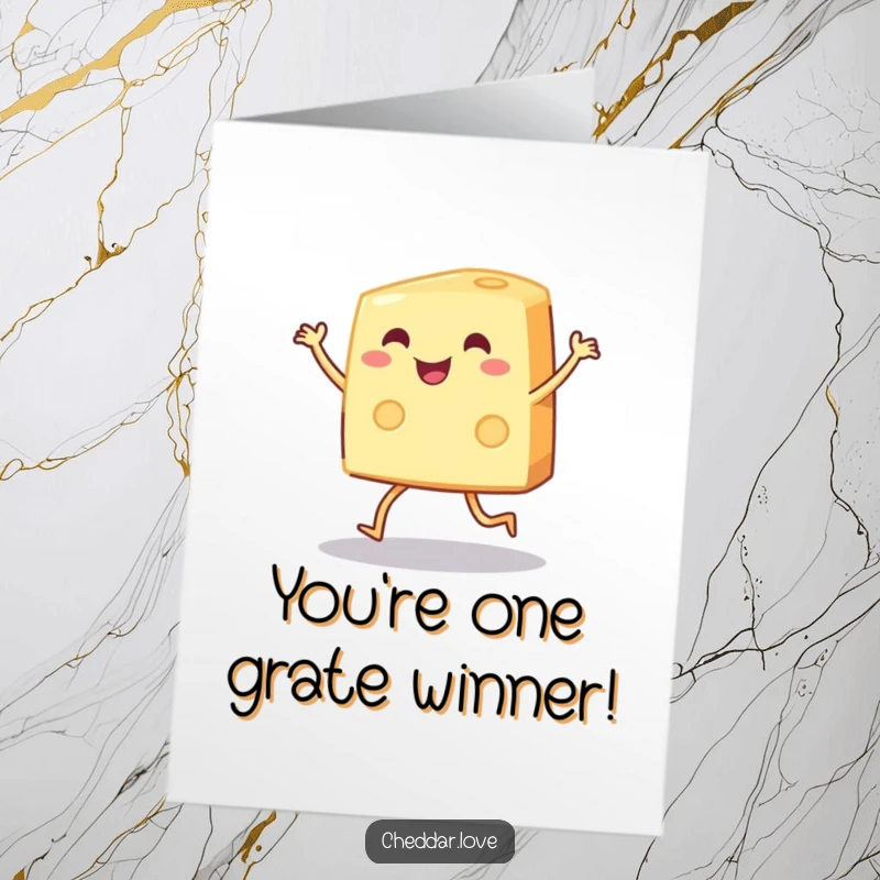 Funny Free Printable Congratulations Card: A wedge of cheese gleefully dancing on tiny legs to celebrate.