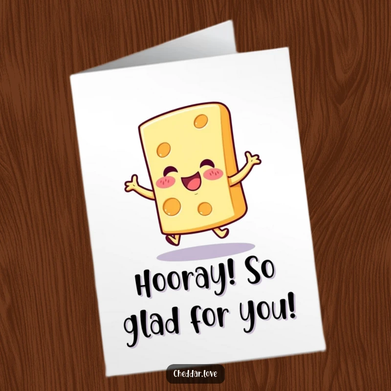 Funny Free Printable Congratulations Card showing a cheerful cheese slice doing an excited hop, celebrating achievements with pure glee.