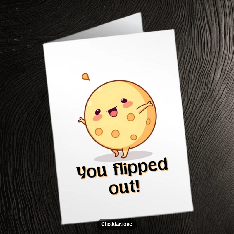 Funny free printable congratulations card: A wheel of cheese is doing a cartwheel with impressive agility. So cheesy, so congrats!