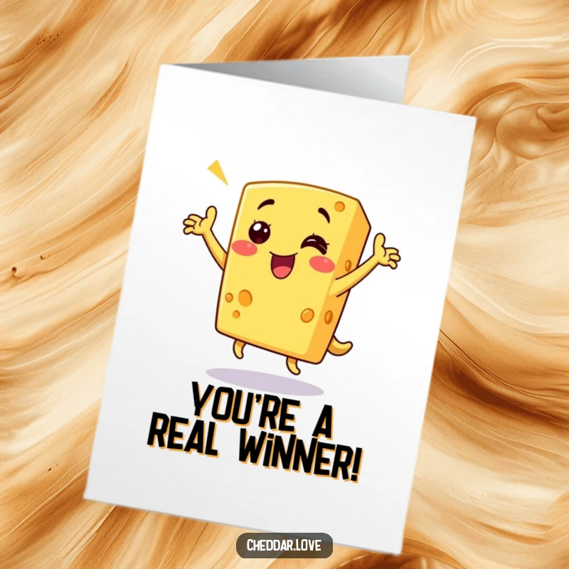 Funny Free Printable Congratulations Card: A happy cheddar cheese wedge performing a victorious and energetic dance.