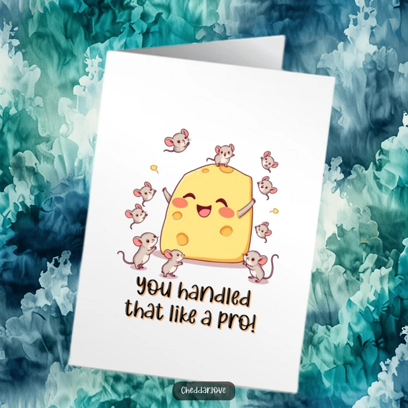 Funny Free Printable Congratulations Card: A happy wedge of cheese comically juggles tiny mice in a surprising display.