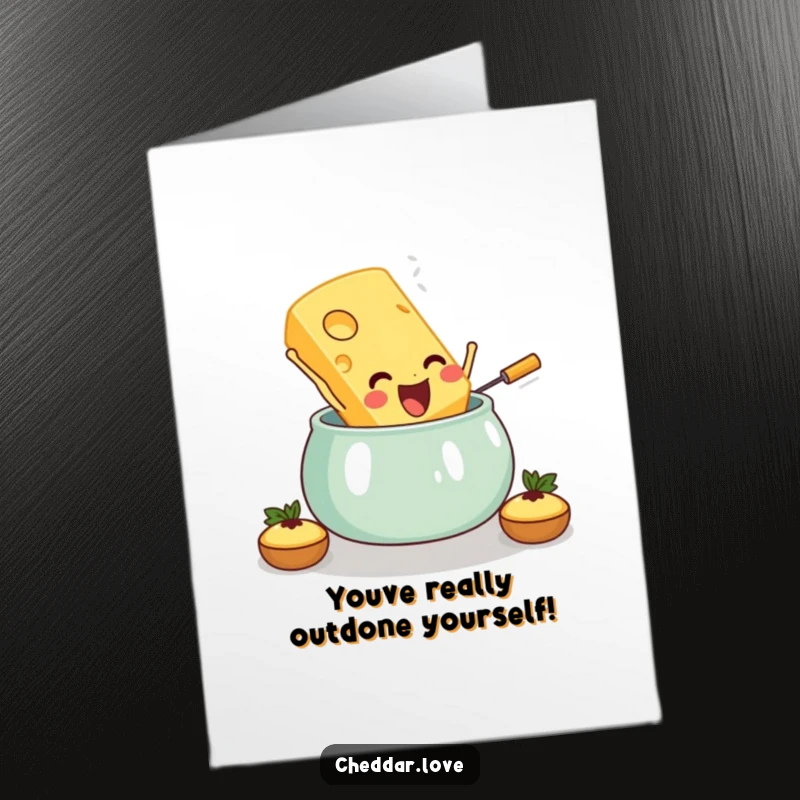 Funny Free Printable Congratulations Card showing a delighted cheese slice leaping into a fondue pot for a celebratory splash.