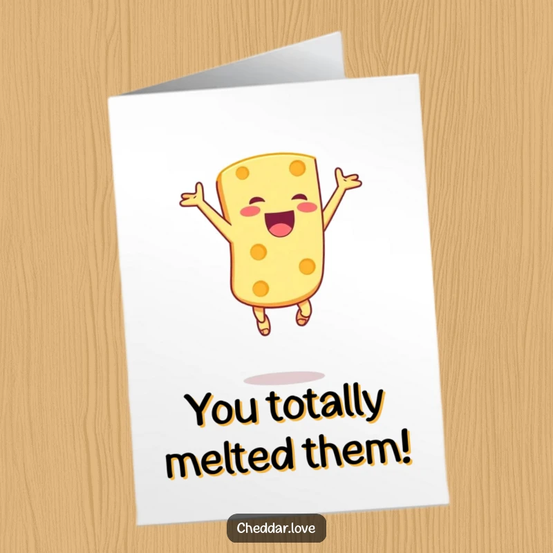 Funny Free Printable Congratulations Card: A cheese chunk is captured mid-air, leaping with incredible excitement.