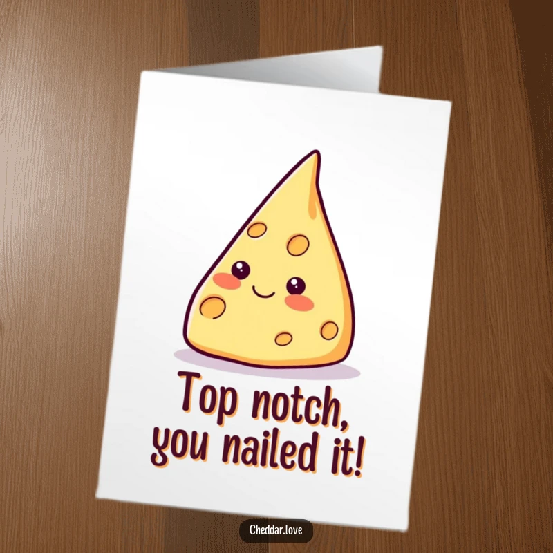 Funny Free Printable Congratulations Card showing a smiling cheese wedge triumphantly pointing upwards, celebrating success and ambition.