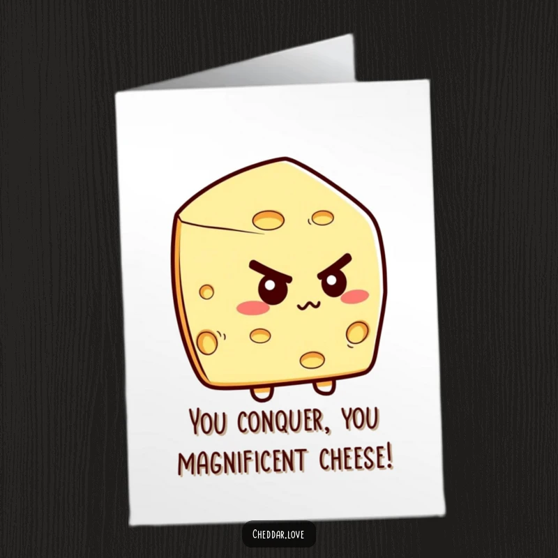 Funny Free Printable Congrats Card: A cheese wedge with a resolute look, ready to tackle any challenge and celebrate success.