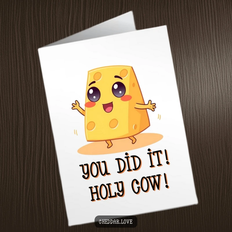 Free Printable Congratulations Card: Googly-eyed cheddar cheese wedge performing a vibrant, celebratory jig for any accomplishment.