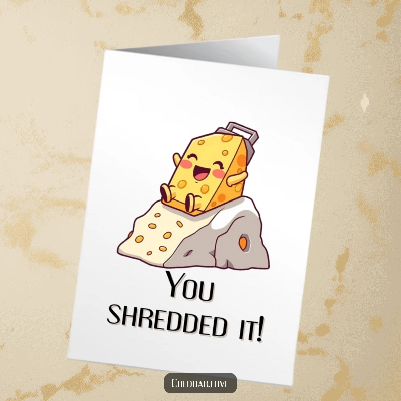 Free Printable Congratulations Card: Happy cheddar cheese character sliding gleefully down a cheese grater mountain with excitement.