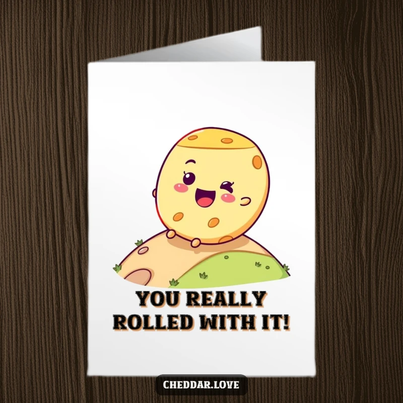 Funny Free Printable Congrats Card: A gleeful cheese wheel careers downhill, celebrating a momentous occasion. Downloadable and amusing.