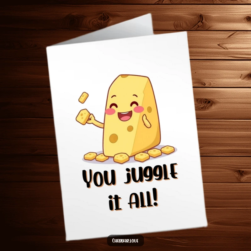 Funny Free Printable Congrats Card: A grinning wedge of cheese skillfully juggling tiny crackers, celebrating achievement.