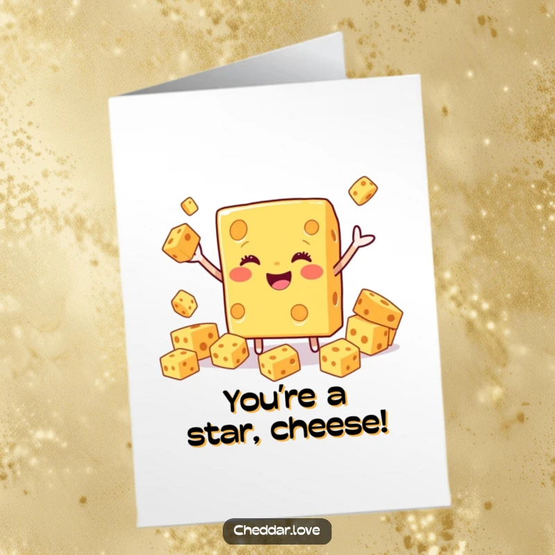 Free Printable Congratulations Card: Happy cheddar cheese block with a smile, skillfully juggling smaller cheese cubes in celebration.