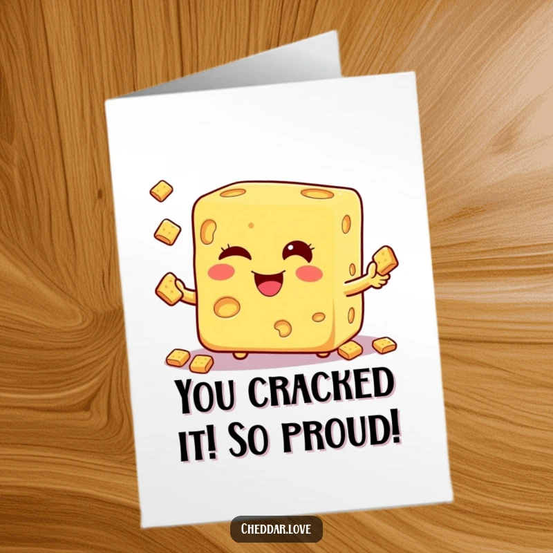 Funny Free Printable Congrats Card: Winking cheese cube balances crackers, celebrating your accomplishments with impressive skill.