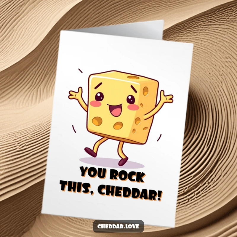 Funny Free Printable Congratulations Card showing a block of cheese doing a hilarious, exaggerated dance with pure joy, celebrating achievement.