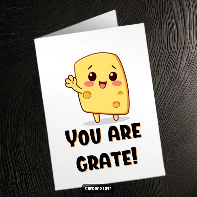 Funny free printable congratulations card: A cheerful wedge of cheese waves with extreme enthusiasm. Mildly hilarious and very cheesy.