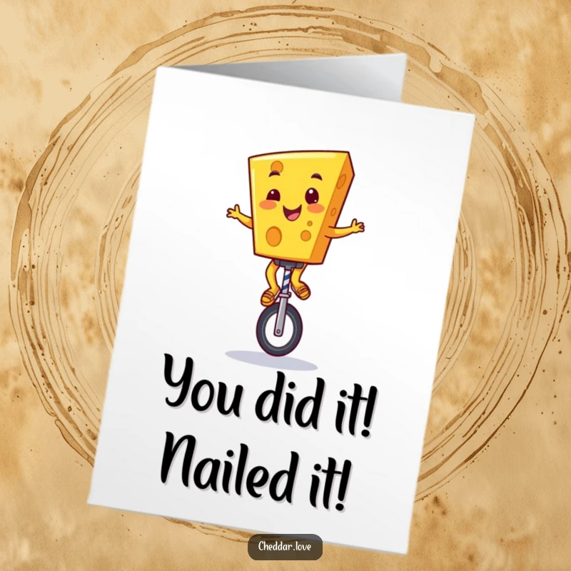 Funny Free Printable Congrats Card: Grinning cheddar cheese character expertly balancing on a unicycle.