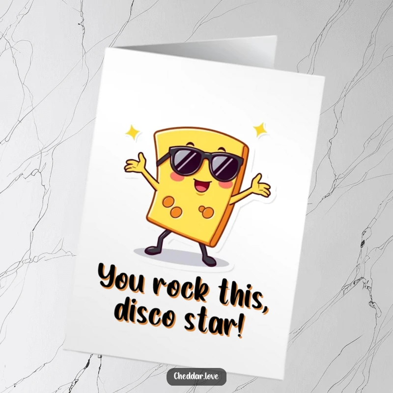 Funny Free Printable Congratulations Card showing a cheese slice in sunglasses striking a disco pose, perfect DIY celebration.