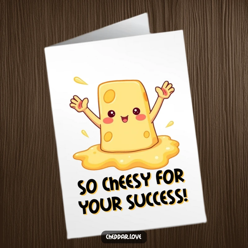 Funny Free Printable Congratulations Card showing a cheerful melted cheese puddle waving, perfect for DIY celebrations.