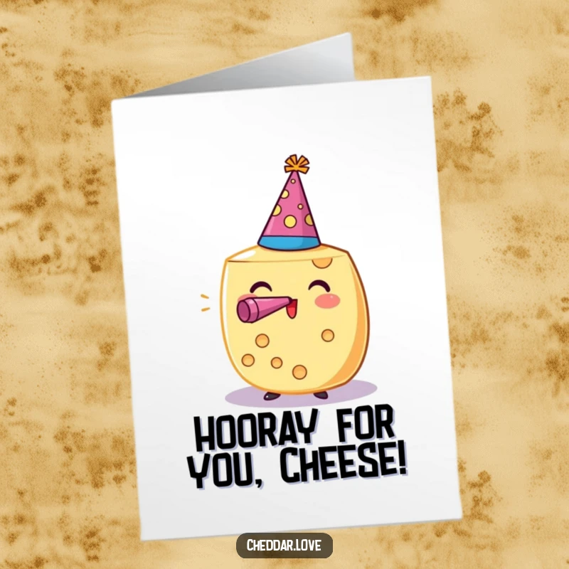 Funny Free Printable Congrats Card: A cheese wheel sporting a party hat and noisemaker, cheering loudly for achievements.