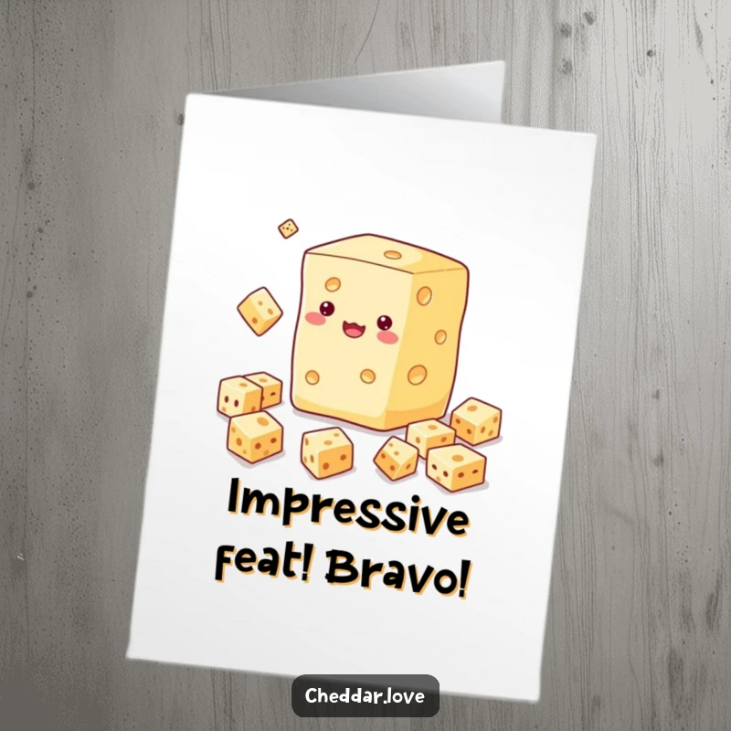 Funny Free Printable Congratulations Card showing a cheese block juggling cubes, a perfect DIY celebration piece.