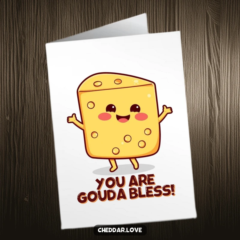 Funny Free Printable Congrats Card: Smiling wedge of cheddar cheese doing a happy dance to celebrate.