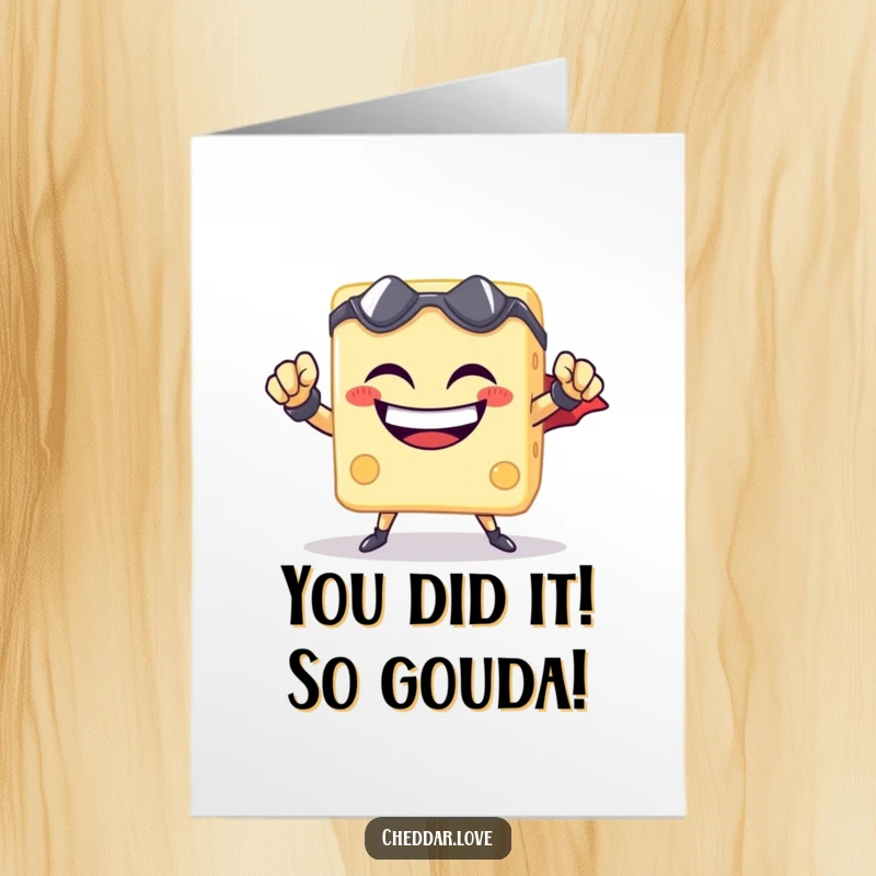 Funny Free Printable Congratulations Card showing a grinning cheese cube striking a confident superhero pose, celebrating success with flair.