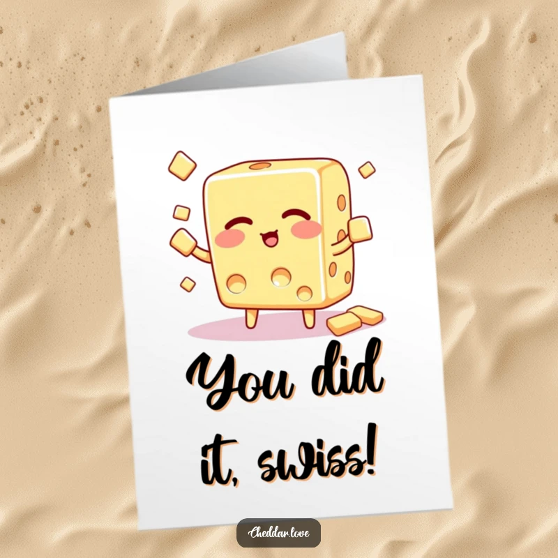 Funny Free Printable Congratulations Card showing a confident cheese cube winking while juggling crackers, celebrating a fantastic achievement.