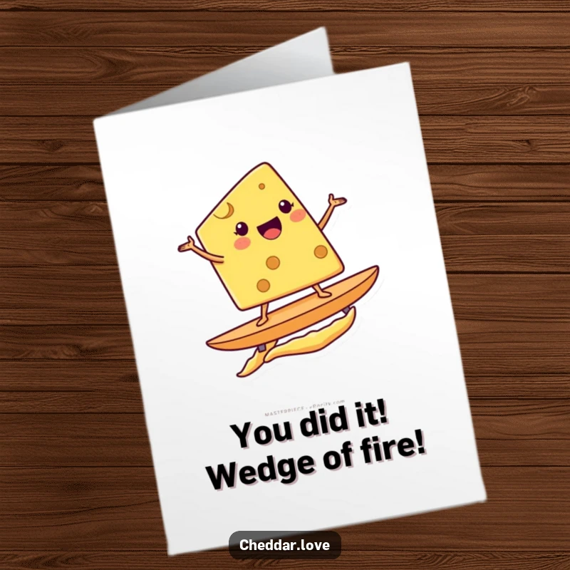 Funny Free Printable Congrats Card: Cheesy wedge rides a chip, celebrating success with a cool, surfing attitude.