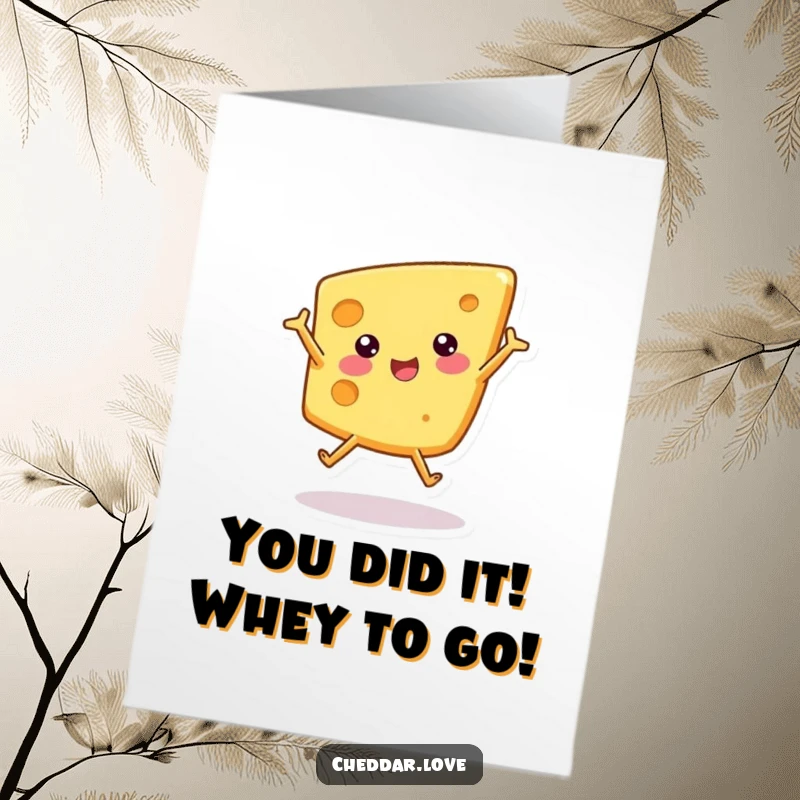 Funny Free Printable Congratulations Card showing a joyous cheese wedge mid-cartwheel, ideal for DIY celebrations.