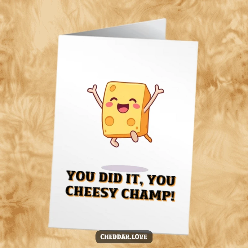 Funny Free Printable Congrats Card: A cheese block leaping with excitement, conveying enthusiastic congratulations and pure joy.
