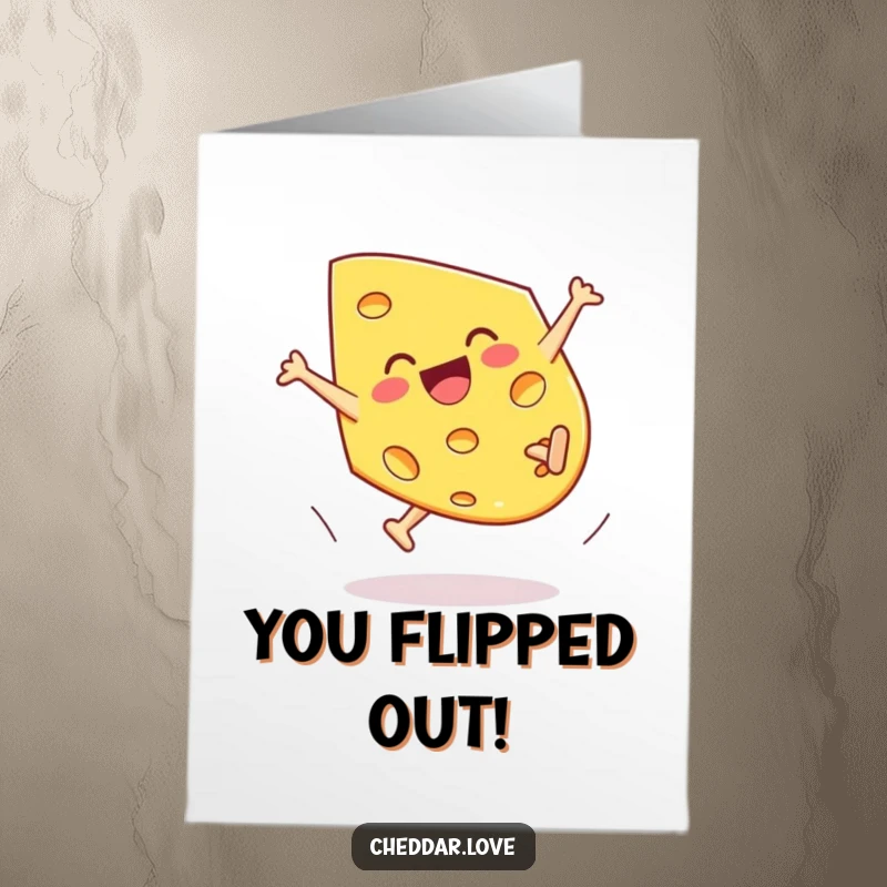 Free Printable Congratulations Card: Energetic cheddar cheese piece doing a cartwheel with joyful abandon, celebrating success.