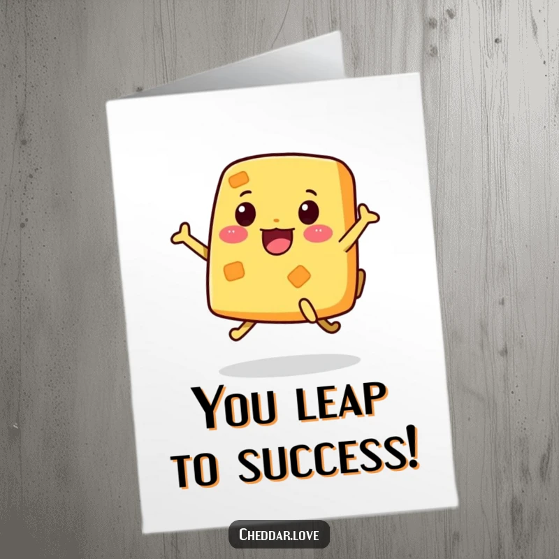 Funny free printable congratulations card showing a happy cheese character jumping energetically to celebrate good news.