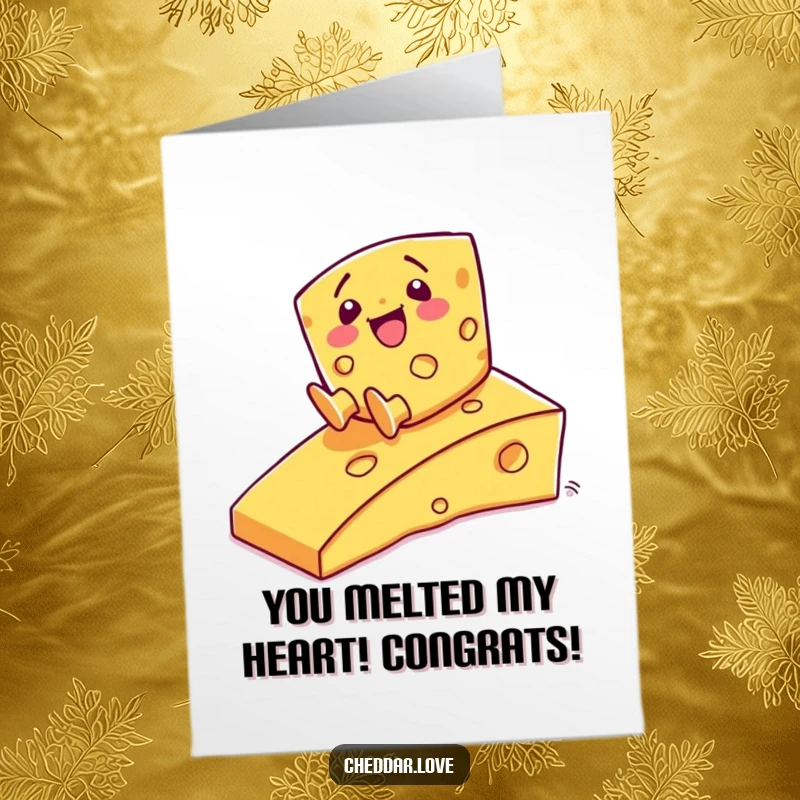 Funny Free Printable Congratulations Card: A happy cheese character sliding down a cheesy ramp, celebrating success.