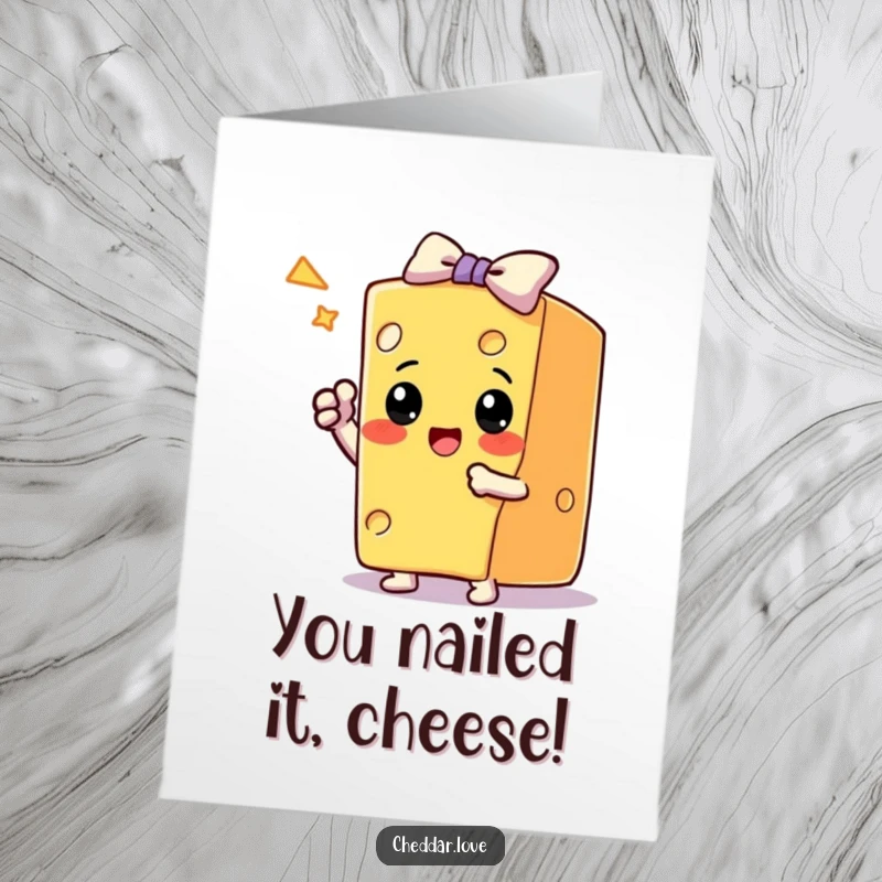 Funny Free Printable Congratulations Card: a block of cheese takes a triumphant bow, celebrating a successful trick.