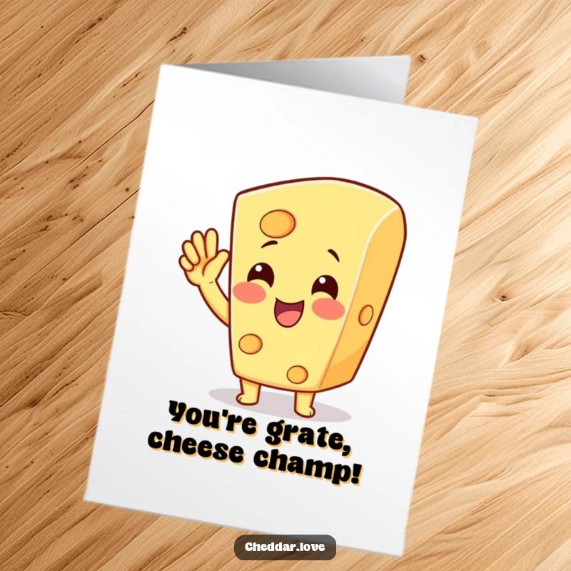Funny Free Printable Congratulations Card: A block of cheese joyfully cheers with a raised hand, celebrating your monumental success.