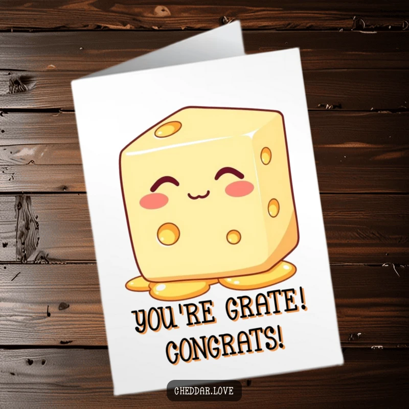 Funny Free Printable Congratulations Card: Block of cheese blissfully melting, celebrating a successful moment.