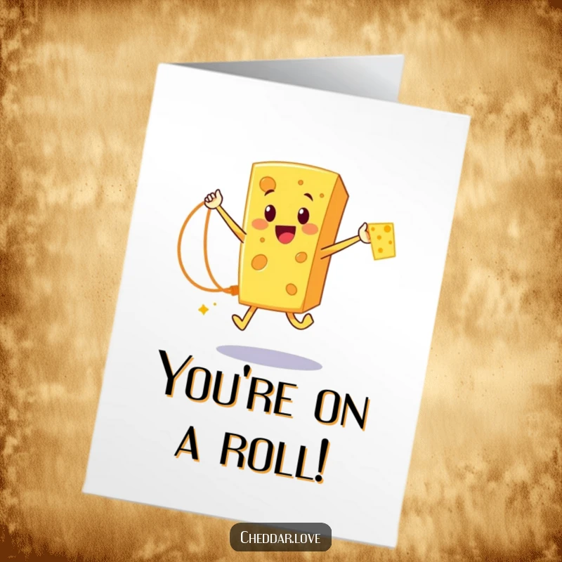 Funny Free Printable Congrats Card: Happy cheddar cheese character joyfully jumping rope crafted from cheese strands.