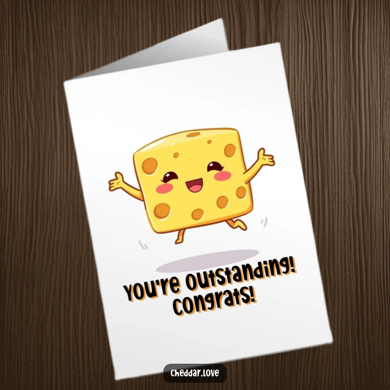 Funny Free Printable Congratulations Card: A cheese cube character performing a silly, wobbly jump, landing successfully.