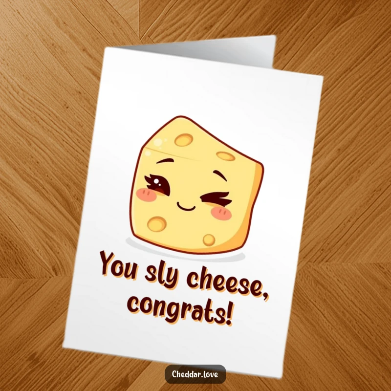 Funny free printable congratulations card showcasing a small cheese character giving a sly wink and a mischievous grin.