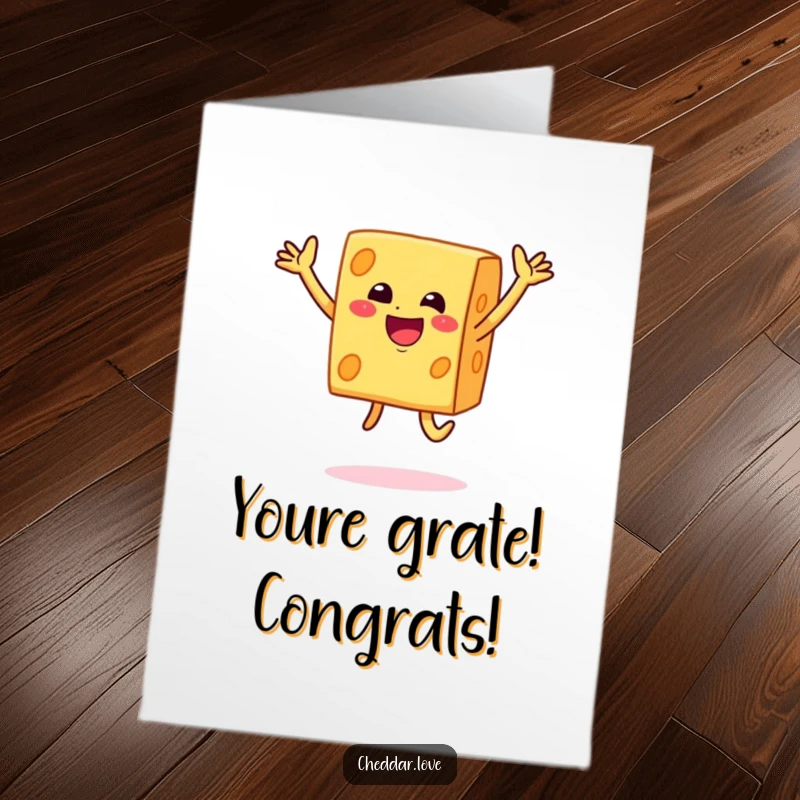 Funny Free Printable Congratulations Card: A smiley block of cheddar cheese performs a joyful jump to celebrate an achievement.