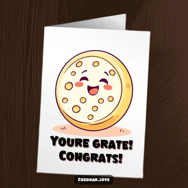 Funny Free Printable Congrats Card: A smiling cheese wheel joyfully tumbles down a slope.