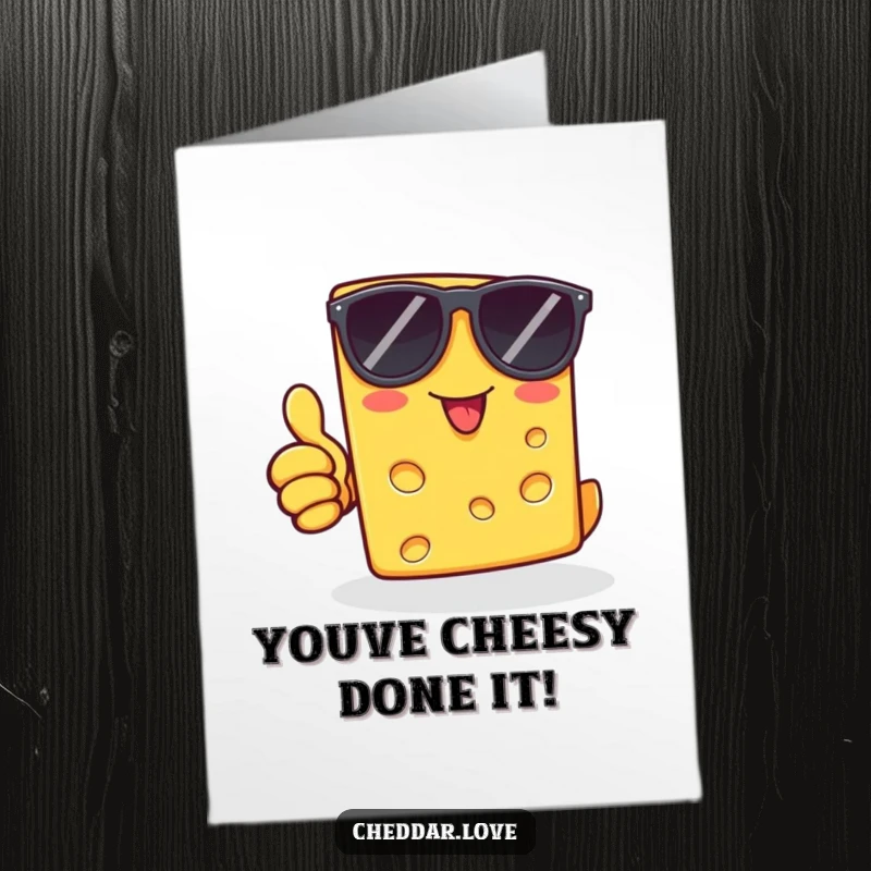 Funny Free Printable Congrats Card: Cheddar cheese slice in sunglasses, giving a confident thumbs up for success.