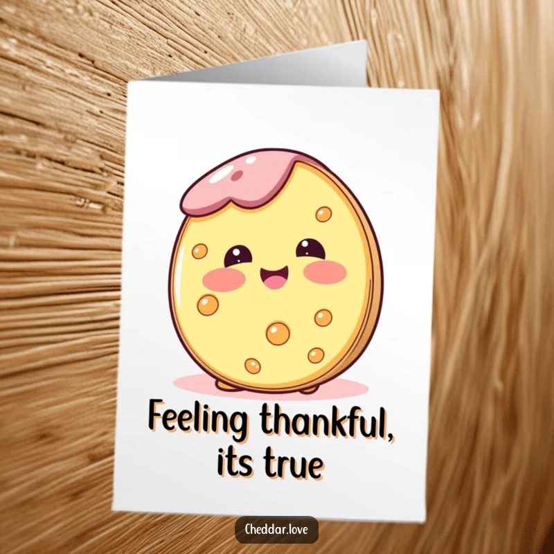 Funny Free Printable Thank You Card featuring a cheese wheel blushing happily, conveying sincere gratitude.