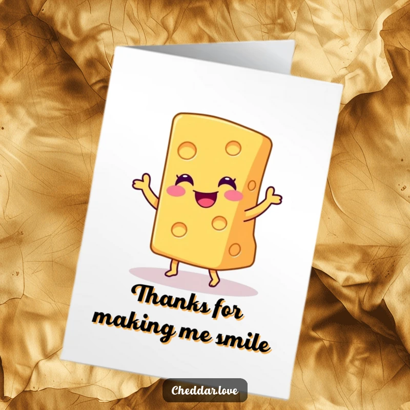 Funny Free Printable Thank You Card: Smiling cheddar cheese wedge doing a joyful dance, expressing thanks.