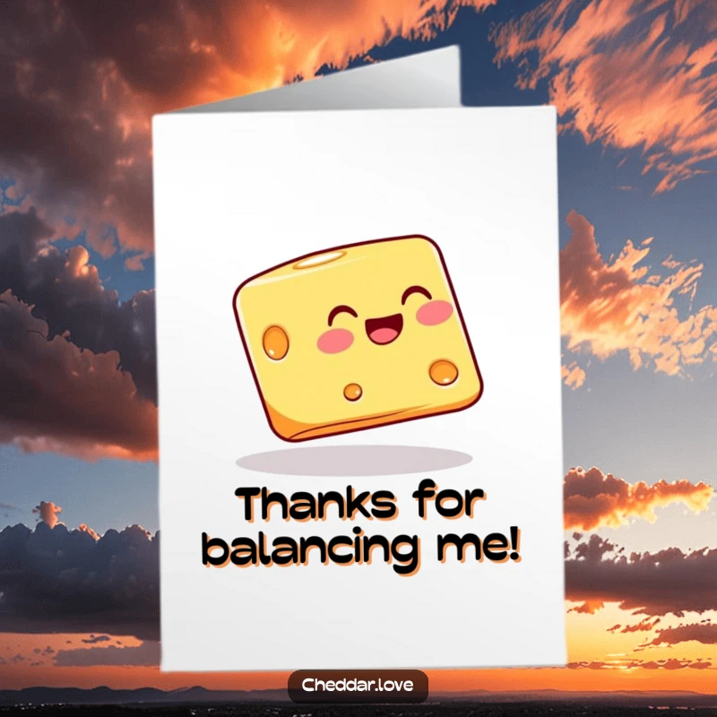 Funny Free Printable Thank You Card: A block of cheese in perfect balance on its corner, representing thoughtfulness.