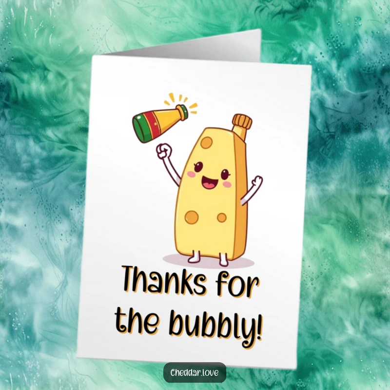 Funny free printable thank you card depicting a cheese slice character raising a tiny champagne bottle in a toast.
