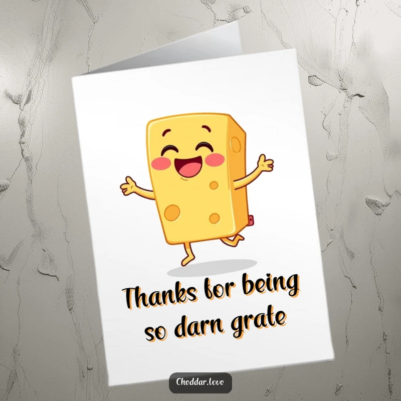 Funny Free Printable Thank You Card: Smiling block of cheddar cheese doing a joyful jig, sending thanks.