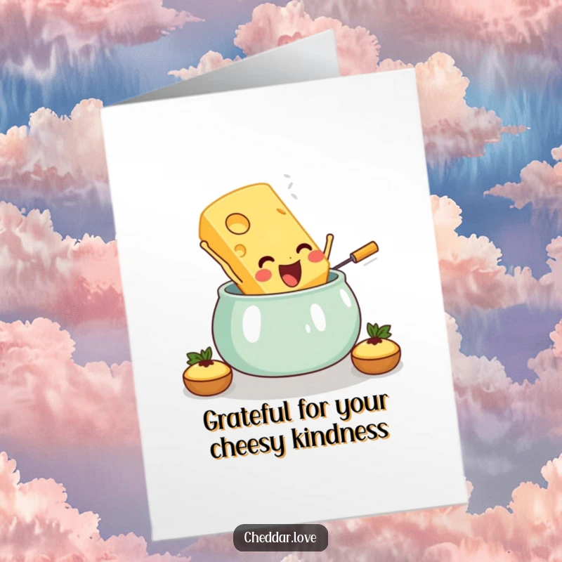 Funny Free Printable Thank You Card depicting a happy cheese slice leaping into a fondue pot as a gesture of thanks.
